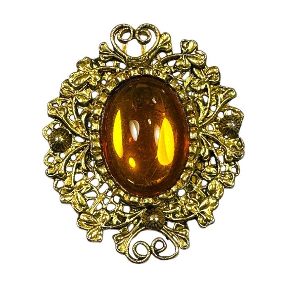 Early 1940s Art Nouveau Czech Gold Filigree Sash Pin With Amber-Colored Gemstone - Picture 4 of 7